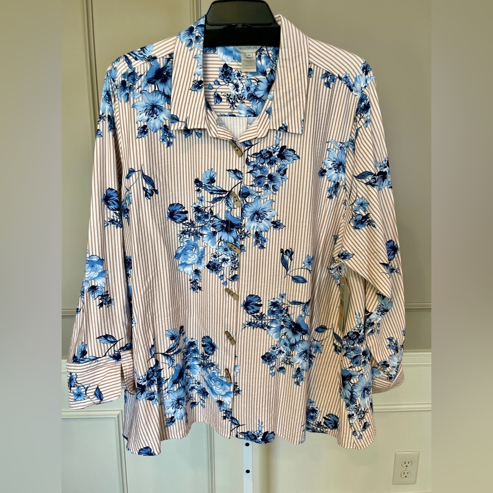 Multiples NWT 3X Button Down Blouse Top Shirt Creme Brule Tan Stripe Blue Floral